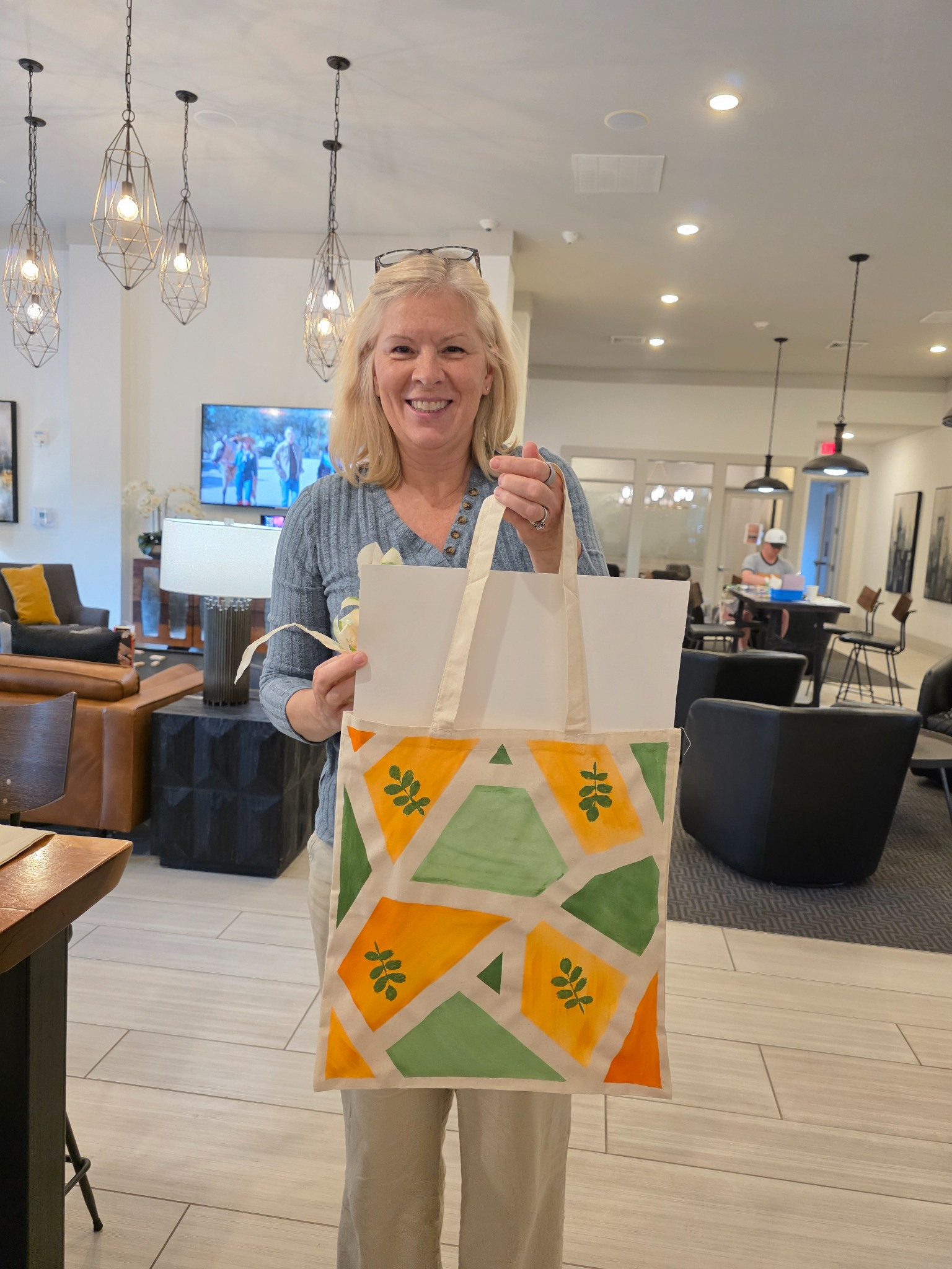 A finished tote printed with a repeating geometric pattern